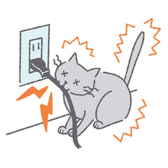 コードを噛んで感電する猫のイラスト