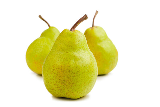 Three packham pears, also Packham&rsquo;s Triumph, isolated on white background