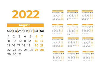 Calendar for 2022 isolated on a white background. Sunday to Monday, business template. Vector illustration	
