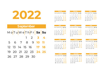 Calendar for 2022 isolated on a white background. Sunday to Monday, business template. Vector illustration	

