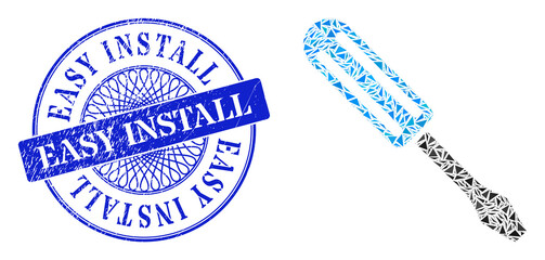 Screwdriver mosaic of triangle parts, and Easy Install textured stamp seal. Blue stamp seal includes Easy Install tag inside round shape.