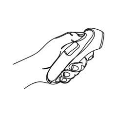 Vector abstract continuous one single simple line drawing icon of thermometer in hand in silhouette sketch on white background.