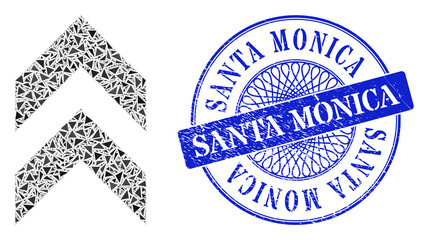 Shift up mosaic of triangle items, and Santa Monica rubber seal. Blue seal includes Santa Monica text inside round form. Vector shift up mosaic is organized from scattered triangle parts.