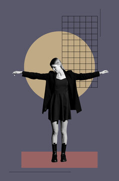 Digital collage with young woman with raised arms