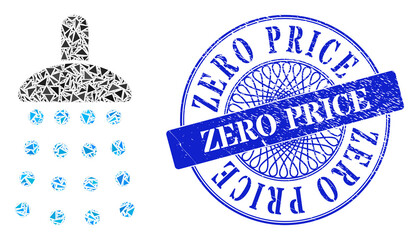 Shower collage of triangle items, and Zero Price scratched stamp. Blue stamp seal has Zero Price title inside round shape. Vector shower collage is composed with randomized triangle items.