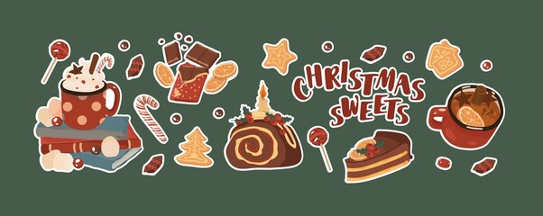 Christmas sweet, Big set sticker. Celebration, party, New Year. Isolated vector colorful element. 