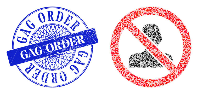 Stop man collage of triangle parts, and Gag Order textured stamp. Blue stamp includes Gag Order text inside round form. Vector stop man collage is done from different triangle elements.