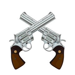 A pair of crossed pistol guns in a vintage etched engraved style, vector illustrations of retro weapons. Vector pictures set. Revolver gun and weapon pistol classic cowboy