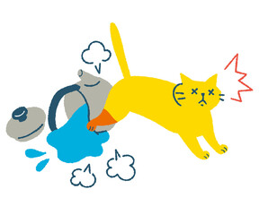 やかんを倒して熱湯で火傷する猫のイラスト