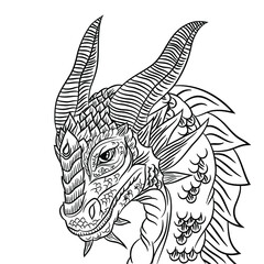 Cute cartoon dragon horned. Black and white vector illustration for coloring book