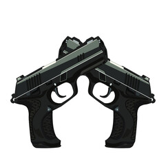 A pair of crossed pistol guns in a vintage etched engraved style, vector illustrations of retro weapons. Vector pictures set. Revolver gun