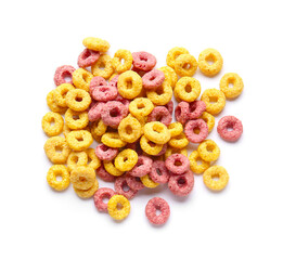 Colorful cereal rings on white background