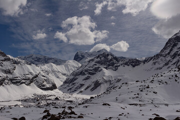 Winter season. Snowed mountains in La Egorda Valley, Caj&oacute;n del Maipo, central Andes mountain range, Chile