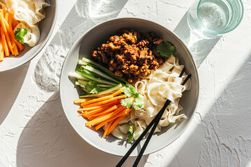 vegan black bean noodles in bowl