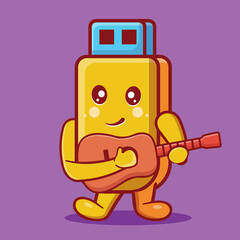 cute flashdisk character mascot palying guitar isolated cartoon in flat style