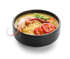 Bowl of tasty Thai soup on white background