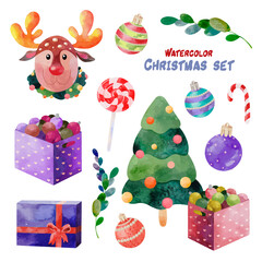 Watercolor Christmas set with Christmas tree, decoration and cute deer