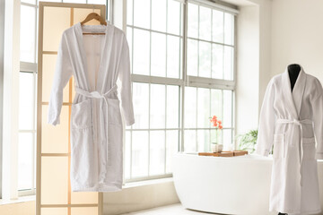 Obraz premium Bathrobes in interior of stylish bathroom with window