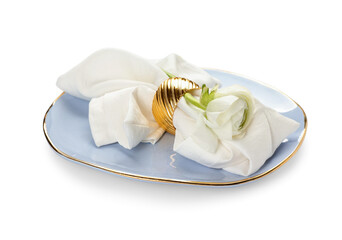 Simple table setting and ranunculus flower on white background