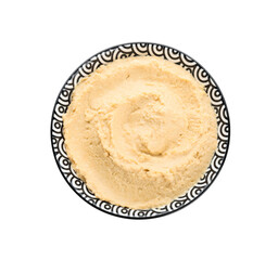 Bowl with delicious hummus on white background