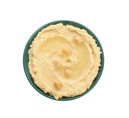 Bowl with delicious hummus on white background