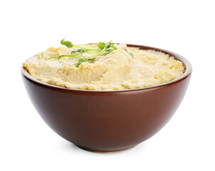 Bowl with delicious hummus on white background