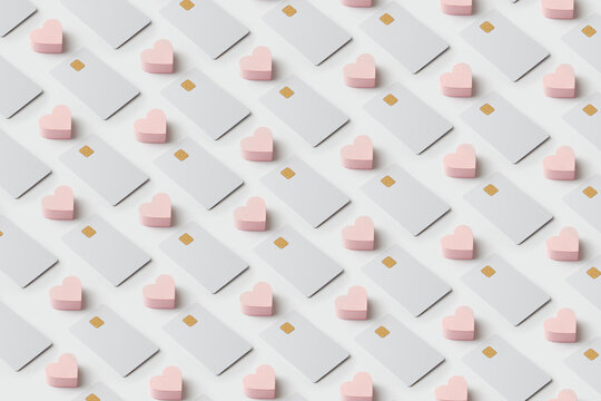 Pattern of hearts and credit cards with chips