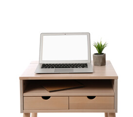 Stand-up desk with laptop and houseplant on white background