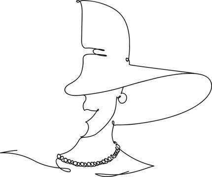 recommend clip art: One line continuous abstract woman with hat, earrings and pearl necklace jewelry