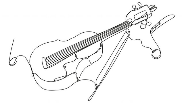 Self-drawing of a violin with a bow in one line on a white screen. Animation of classical opera instruments with notes. The concept of a live performance, a symphonic evening. 4k alpha channel.