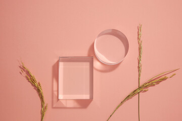 traditional food wheat and rice in petri dish with pink background for product advertising ,...