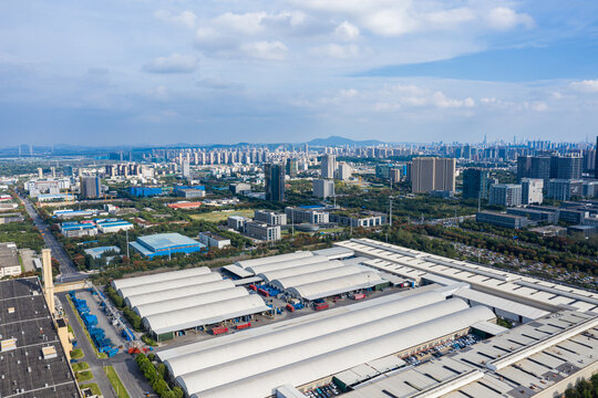 Aerial shot of a modern car factory