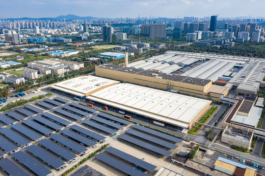 Aerial shot of a modern car factory