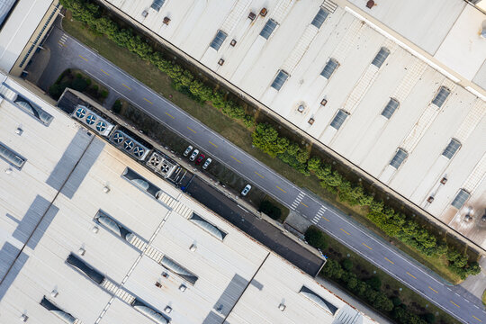 Aerial shot of a modern car factory