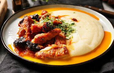 Plate with delicious mashed potatoes, gravy and beef stew with prunes on dark table, closeup