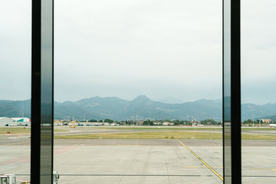 Airport runway and mountains