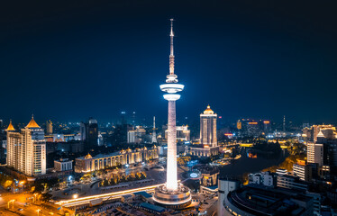 Fototapeta na wymiar Night view of TV Tower in Nantong City, Jiangsu Province
