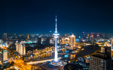 Fototapeta premium Night view of TV Tower in Nantong City, Jiangsu Province