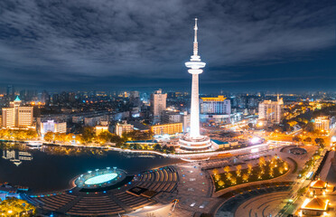 Fototapeta premium Night view of TV Tower in Nantong City, Jiangsu Province