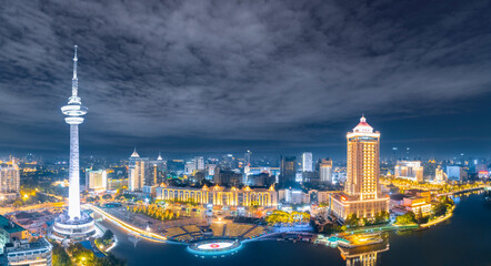 Fototapeta premium Night view of TV Tower in Nantong City, Jiangsu Province