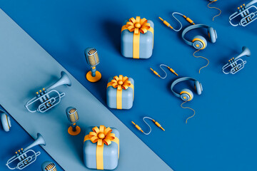 music instruments and wrapped gifts arranged in a row