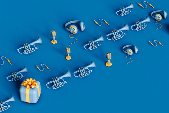 music instruments and headphones with  gifts in a row 