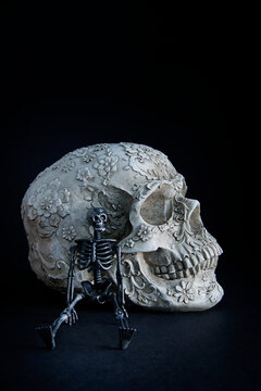 Skull with small skeleton on black background