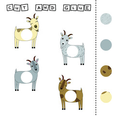 worksheet vector design, the task is to cut and glue a piece on colorful  goats. Logic game for children.