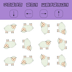 Match the pictures of pets sheeps and directions up, down, left and right . Printable worksheet. Flashcards for education.