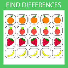 worksheet vector design, the task is to find among the same fruites and berries  in a row. Logic game for children.