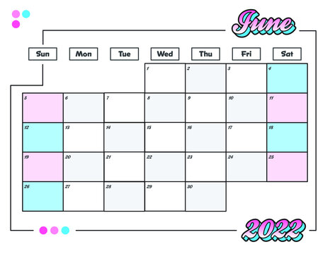 June Colorful Cute 2022 Monthly Calendar Planner Printable