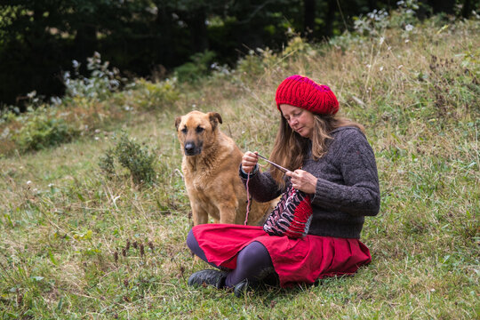 woman knitting with dog next to her