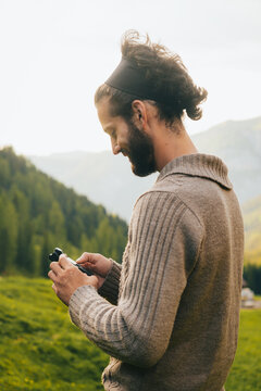 Young man in nature alone.