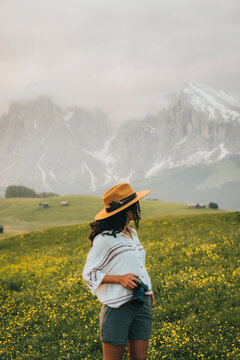 Tourist in dolomites, italy.